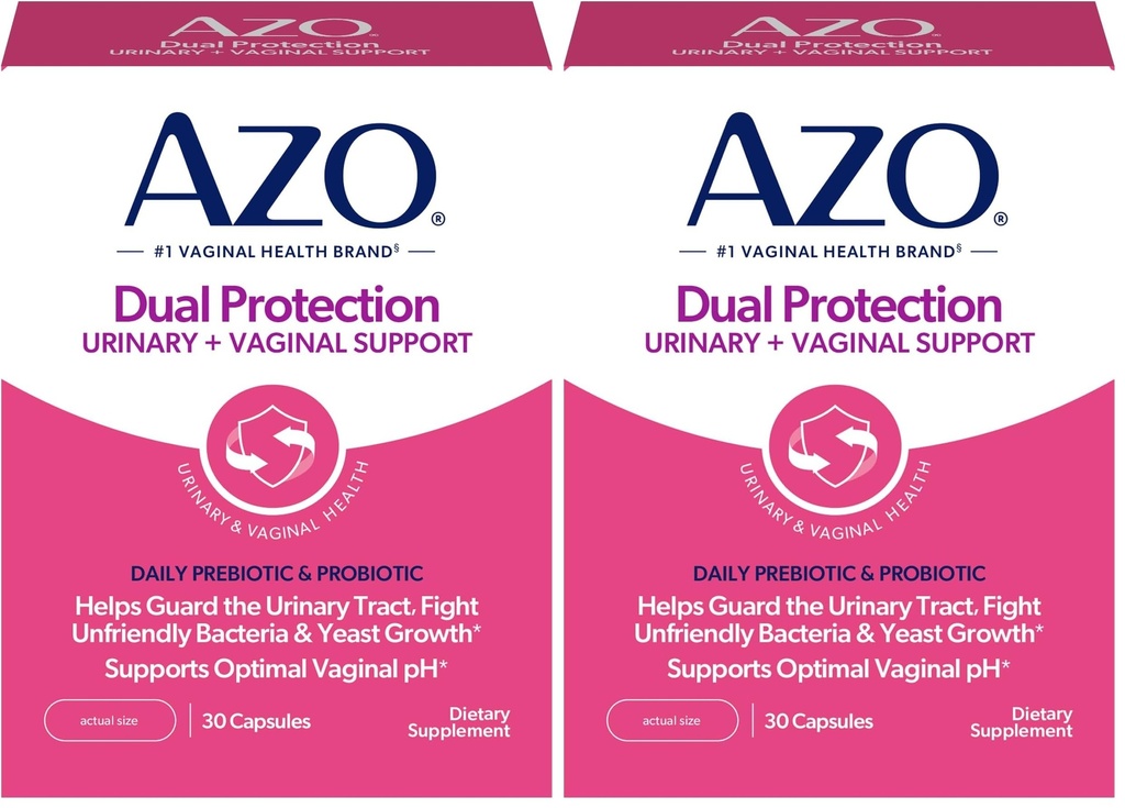AZO Dual Protection, Urinary + Vaginal Support, Prebiotics and Probiotics for Women*, Starts Working Within 24 Hours, Non-GMO, 30 Count (Pack of 2)