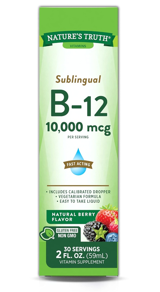 Nature's Truth Sublingual Vitamin B-12 10,000 Mcg, Fast Acting Liquid, Natural Berry Flavor, 2 Fluid Ounce (Pack of 1)