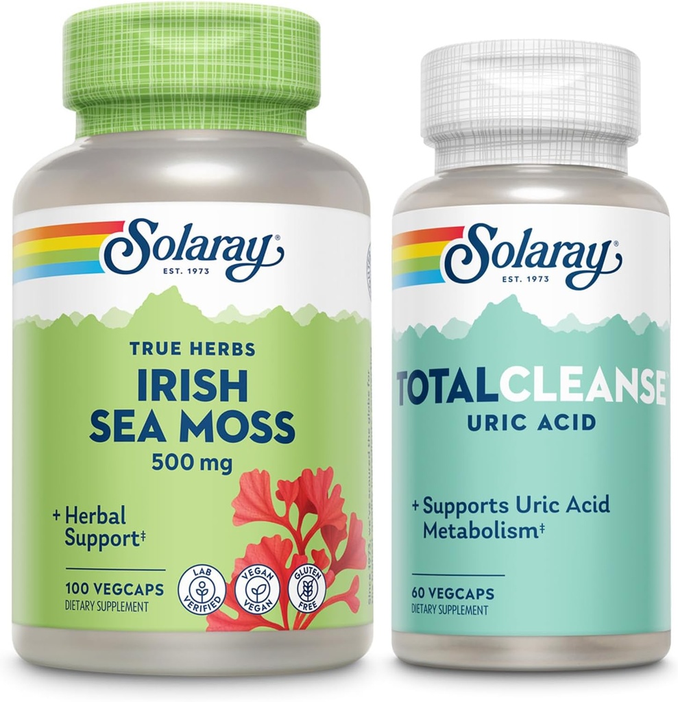 SOLARAY Irish Sea Moss and Total Cleanse Uric Acid - Wellness and Joint Health Bundle w/Naturally Occuring Vitamins, Minerals, Live Bacteries, Plus Tart Cherry, Turmeric and Celery Seed, 100/60ct