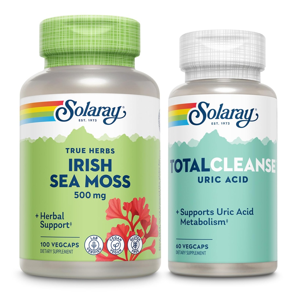 SOLARAY Irish Sea Moss and Total Cleanse Uric Acid - Wellness and Joint Health Bundle w/Naturally Occuring Vitamins, Minerals, Live Bacteries, Plus Tart Cherry, Turmeric and Celery Seed, 100/60ct