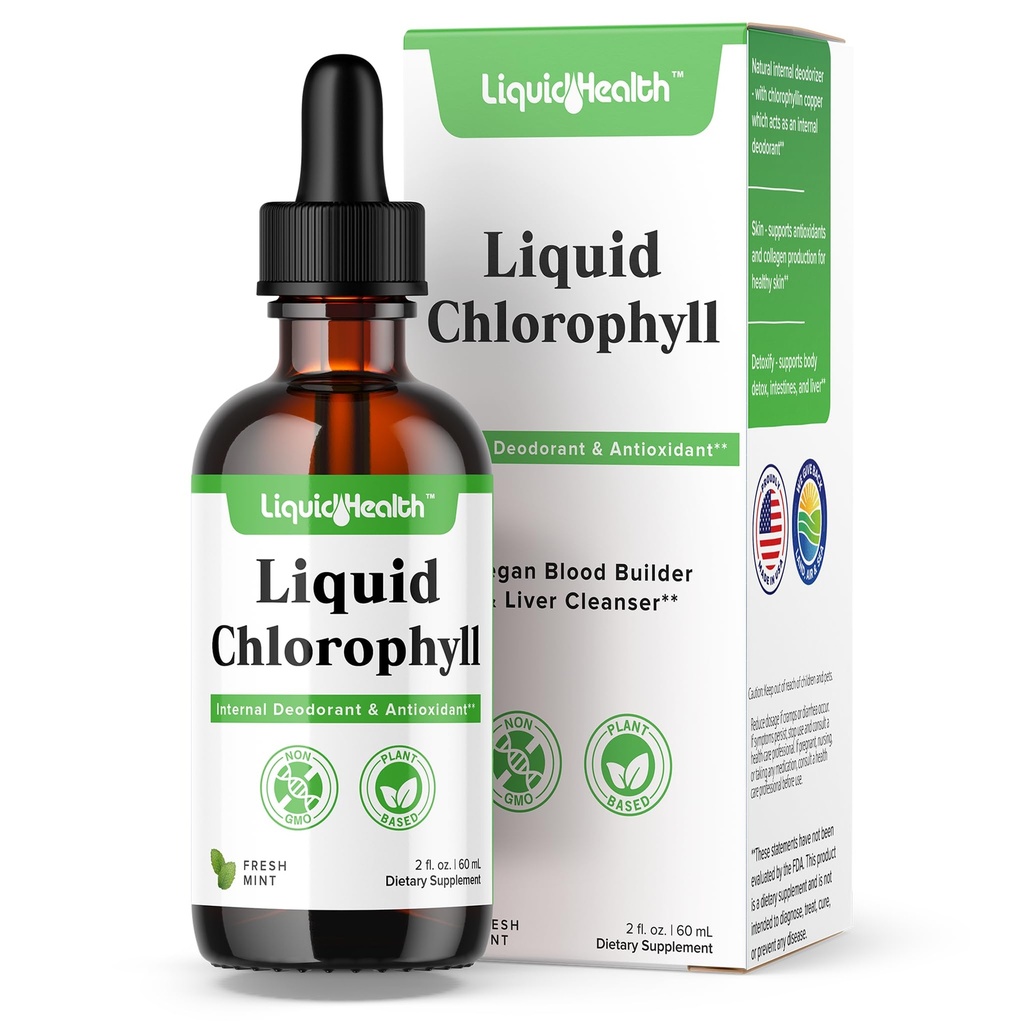 LIQUIDHEALTH Υγρό Chlorophyl Drops - Εσωτερικό Αποσμητικό, Ηπατικό Αποτοξίνωση, Ανοσολογική Υποστήριξη, Προώθηση Κολλαγόνου για τα μαλλιά & το δέρμα, Σταματήστε την κακή αναπνοή, Μειώστε την όρεξη - Κατασκευάζεται στις ΗΠΑ, Vegan, Μη ΓΤΟ (2 oz)
