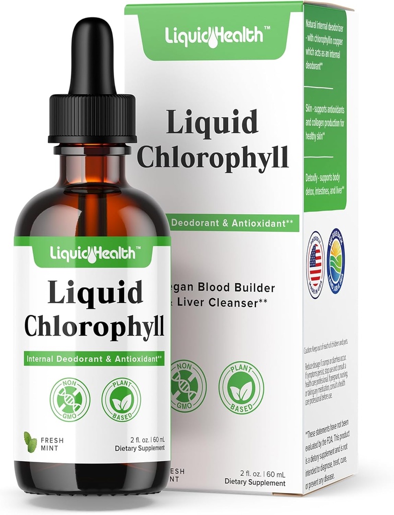 LIQUIDHEALTH Υγρό Chlorophyl Drops - Εσωτερικό Αποσμητικό, Ηπατικό Αποτοξίνωση, Ανοσολογική Υποστήριξη, Προώθηση Κολλαγόνου για τα μαλλιά & το δέρμα, Σταματήστε την κακή αναπνοή, Μειώστε την όρεξη - Κατασκευάζεται στις ΗΠΑ, Vegan, Μη ΓΤΟ (2 oz)