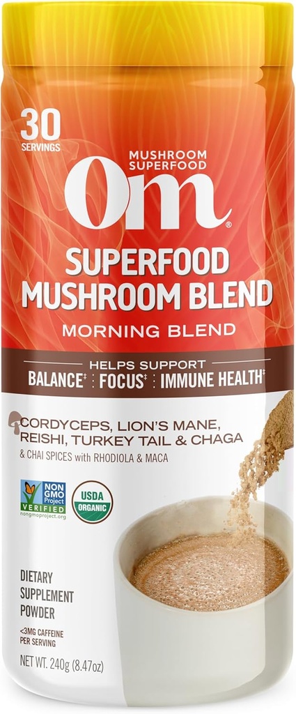 Om Mushroom Superfood Morning Energy Blend Mushroom Powder Drink, 8.47 Ounce Canister, Coffee Free Energy Drink with Cordyceps, Vitamin D2, Agaricus Bisporus, Lion's Mane, Rhodiola, και Turkey Tail