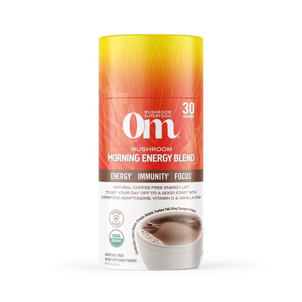 Om Mushroom Superfood Morning Energy Blend Mushroom Powder Drink, 8.47 Ounce Canister, Coffee Free Energy Drink with Cordyceps, Vitamin D2, Agaricus Bisporus, Lion's Mane, Rhodiola, και Turkey Tail