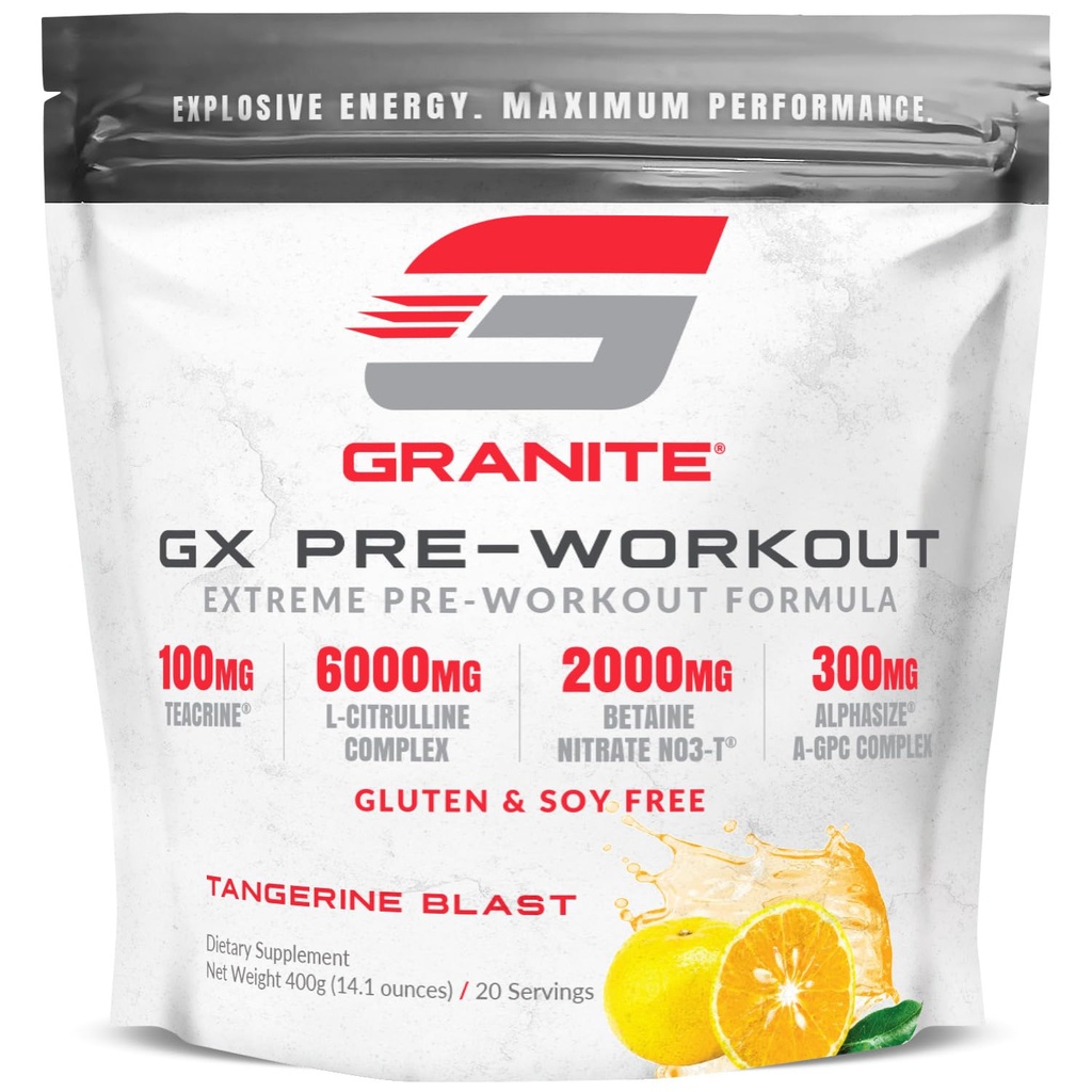 Γρανίτης GX συμπλήρωμα προ προπόνησης, Tangerine Blast Flavor, υποστηρίζει εστίαση, ενέργεια, & απόδοση με Teacrine, L-Citrulline, Betaine, & A-GPC (20 υπηρεσίες)