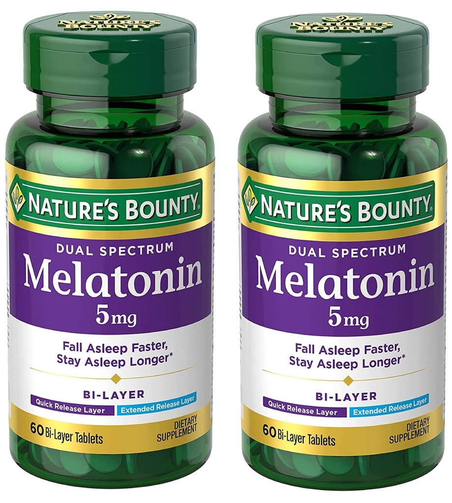 Nature's Bounty Melatonin 5mg Dual Spectrum, 100% συμπλήρωμα ύπνου χωρίς φάρμακα, γρήγορη απελευθέρωση και εκτεταμένη απελευθέρωση, προωθεί την χαλάρωση και την υγεία του ύπνου, 60 δισκία Bi-Layer (πακέτο του 2)