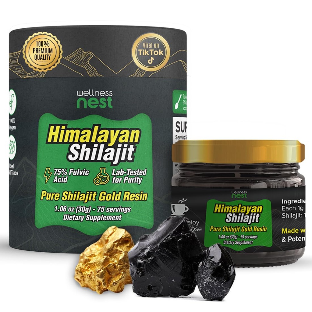 Wellness Nest Gold Grade Pure Himalayan Shilajit Resin: Ultimate Potency for Men & Women - 24k Gold, 75%+ Fulvic Acid, Lab Test Report Included - 30g (1 Pack), 75 Servings