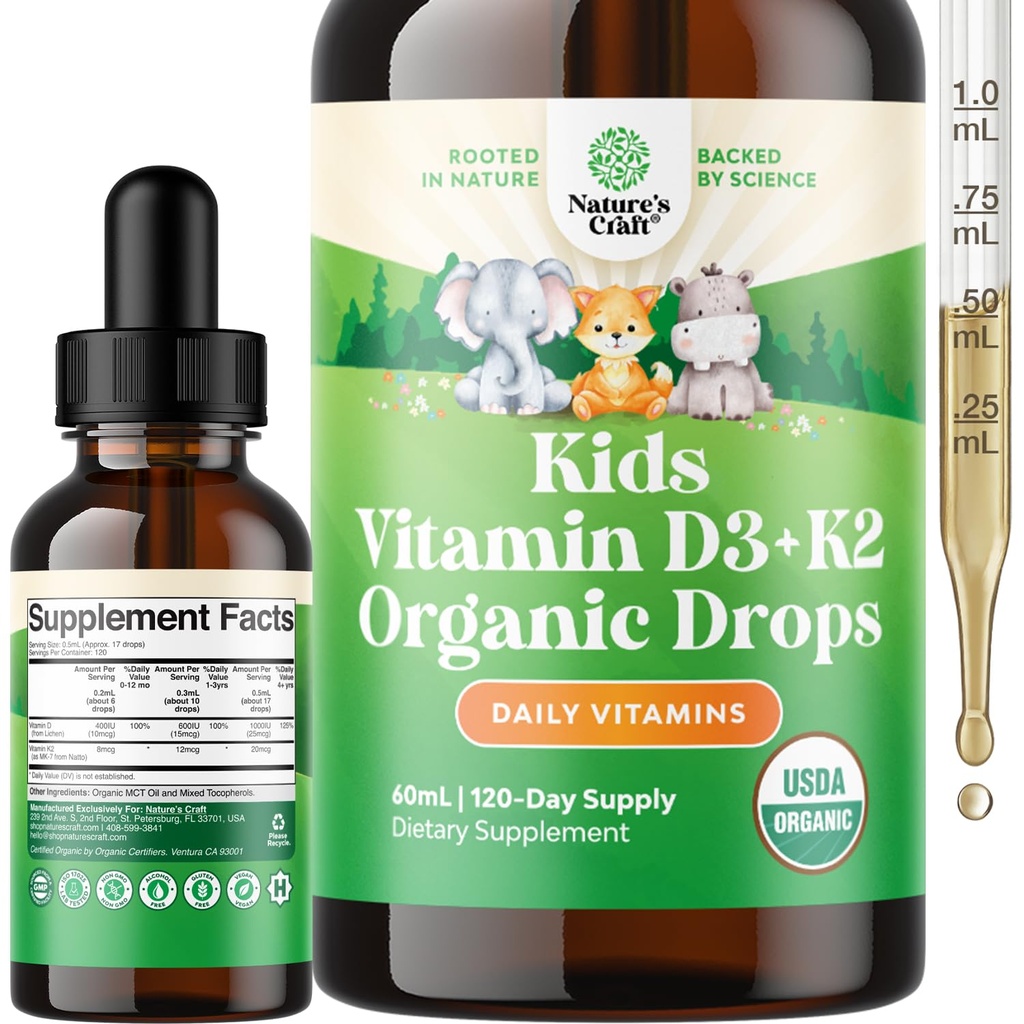 Natures Craft Kids Vitamin D3 K2 D σταγόνα - Βιολογική βιταμίνη D για παιδιά για δυνατά οστά & αρθρώσεις - Βρέφη, μωρά & Toddler Ανοσοποιητική υποστήριξη Drops Υγρό συμπλήρωμα - 60 ml Μπουκάλι