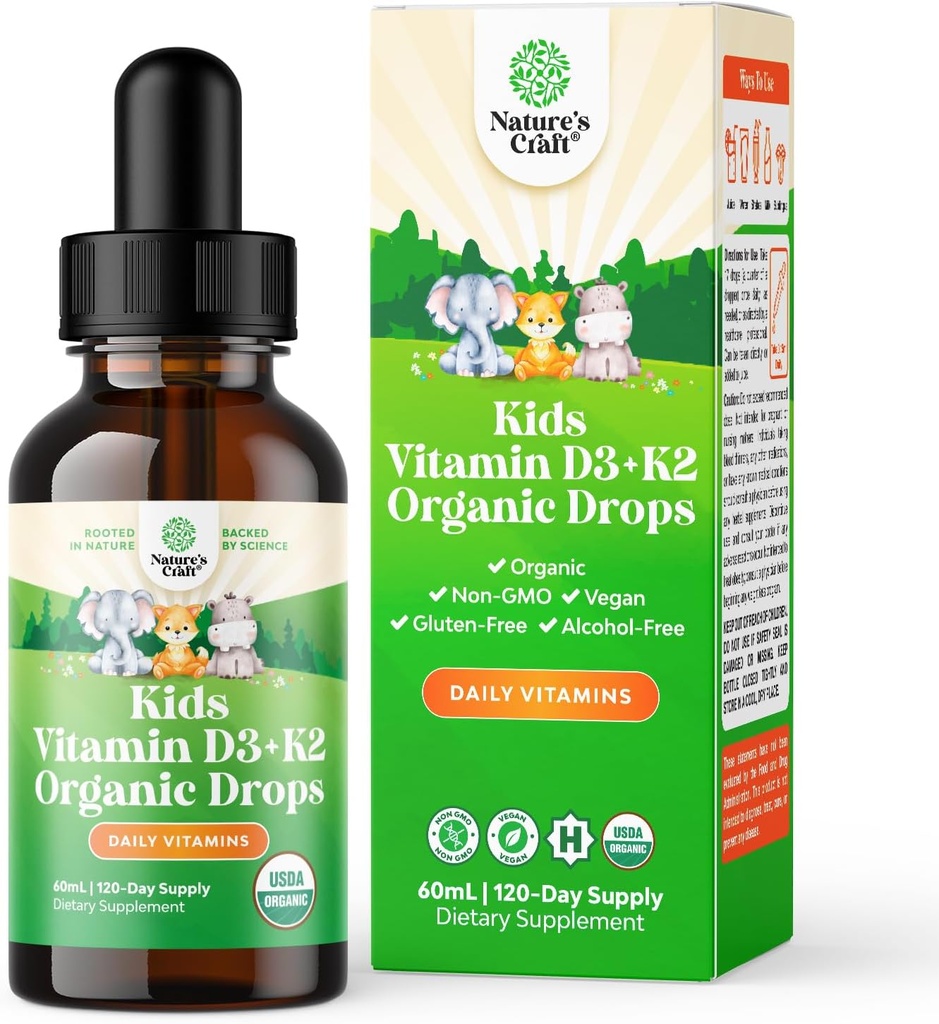 Natures Craft Kids Vitamin D3 K2 Drops - Organic Vitamin D for Kids for Strong Bones & Joints - Infants, Babies & Toddler Immune Support Drops Liquid Supplement - 60 ml Bottle