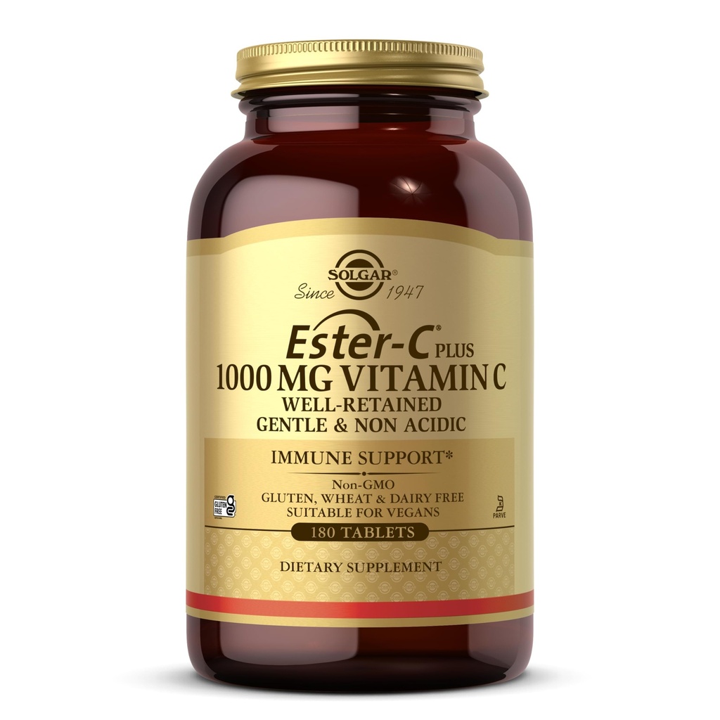 Solgar Ester- C Plus 1000 mg Βιταμίνη C (Ascorbate Complex) - 180 δισκία - Απαλό & Μη Οξύ - Υποστηρίζει την Ανώτερη Αναπνευστική Υγεία - Μη ΓΤΟ, Χωρίς Γλουτένη - 180 Σερβιέτες