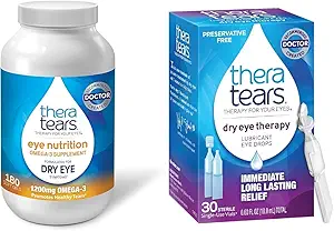 TheraTears 1200mg Omega 3 Supplement for Eye Nutrition, Organic Flaxseed Triglyceride Fish Oil & Dry Eye Therapy Lubricating Eye Drops for Dry Eyes, Preservative Free Eye Drops