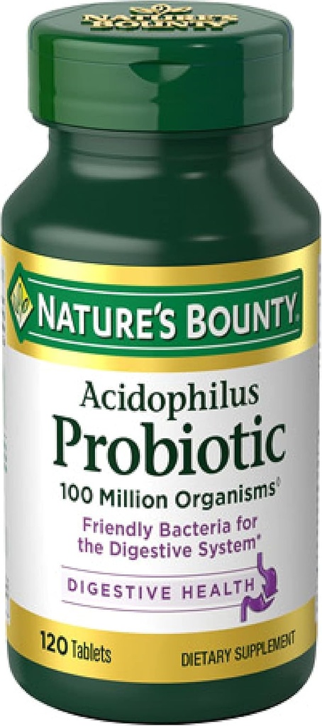 Nature's Bounty Lactobacillus Acidophilus Probiotic Supplement - Daily Probiotic for Women/Men Digestive Health, 100 εκατομμύρια οργανισμοί, χορτοφάγοι, 1 υπηρεσία ανά ημέρα, 120 δισκία