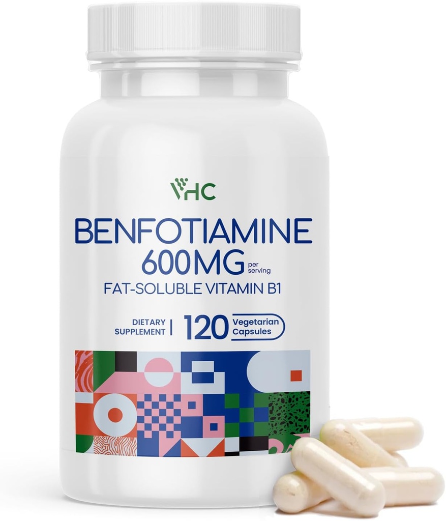VHC Vitamin B1 Benfotiamine 600mg Supplement- 5X Time Fat-Soluble Thiamine Vitamin B1- Max Boost Bioavailable Thiamine B1 Levels-120 Veggie Capsules,Non-GMO, Soy Free- Made in USA