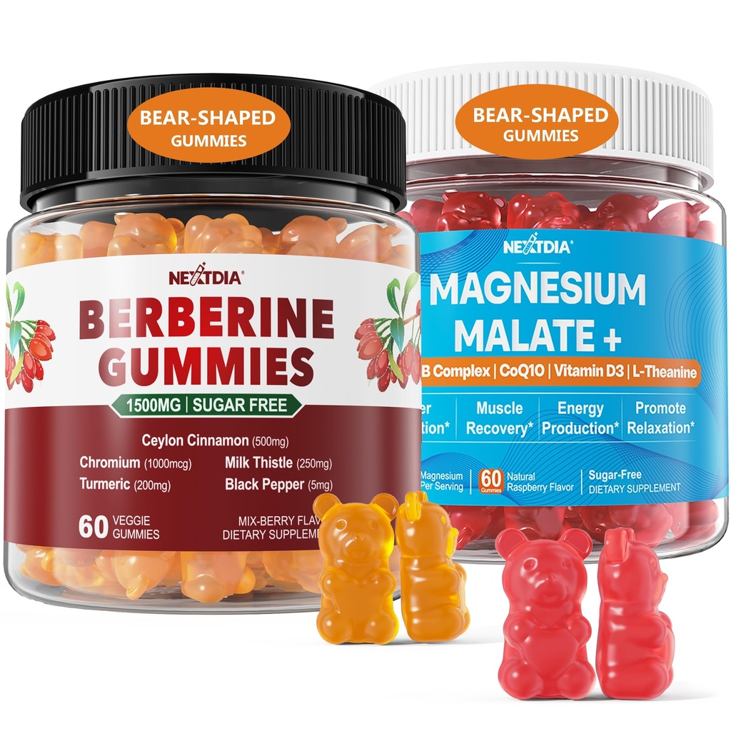 2Pack Berberine συμπλήρωμα Gummies 1500mg + 2Pack Μαγνήσιο Μηλεϊνικό με CoQ10-100mg Gummies