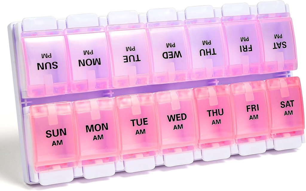 Sukuos AM PM Weekly Pill Organizer 7 Day, 2 times A Day Medicine Pill Box with Easy Push Button, BPA Δωρεάν Βιταμίνη Θήκες για το ιχθυέλαιο/Συμπληρώματα, Εύκολο να καθαριστεί (Purple&Pink)