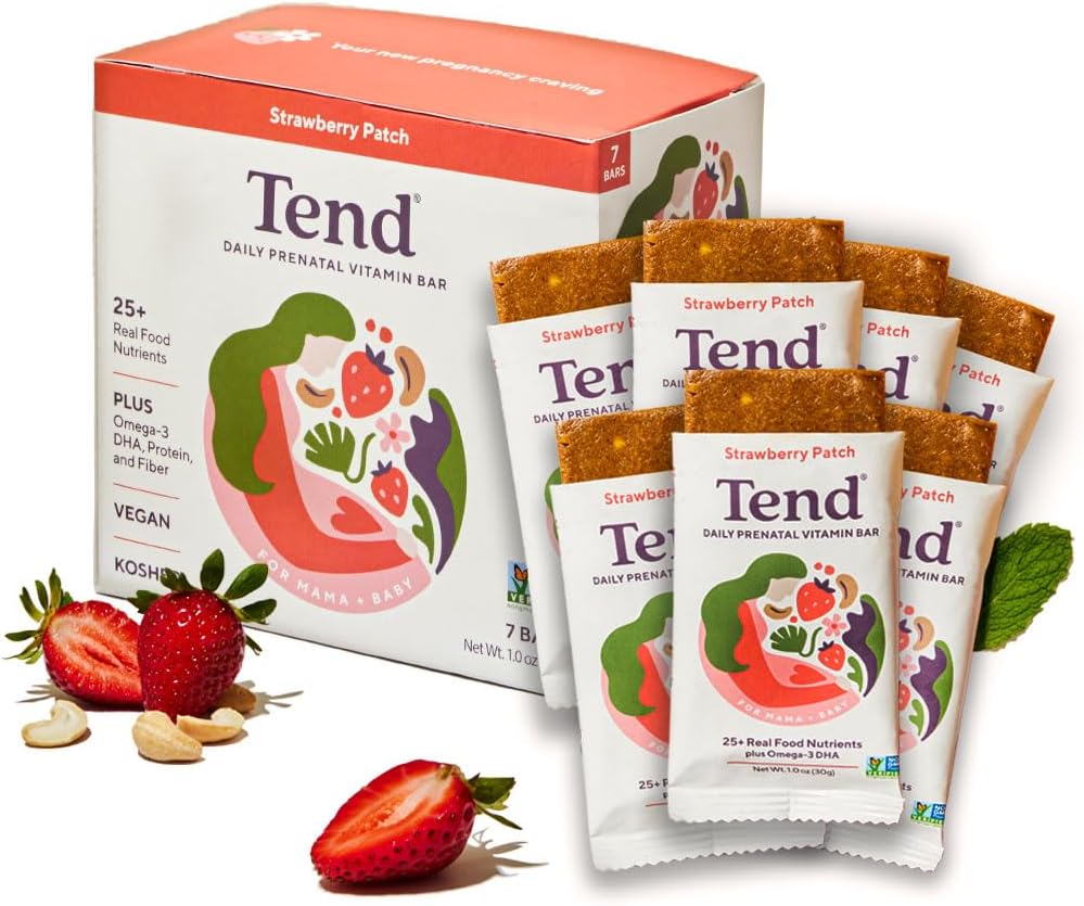 Tend Daily Best Prenatal Vitamin Bar, Φτιαγμένο με οργανικά συστατικά για Έγκυες & Επιλόχειες Μητέρες, Περιλαμβάνει DHA, Βιταμίνη D, B, Χολίνη, Folate, Ηλίανθος Λεκιθίνη - Φράουλα Patch (7ct)