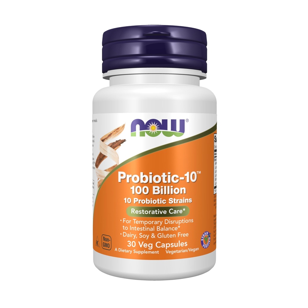 NOW Συμπληρώματα τροφίμων, Probiotic-10TM, 100 δισεκατομμύρια, με 10 Probiotic Strains, Dairy, Soy και Gluten Free, Strain Επαληθευμένο, 30 κάψουλες Veg