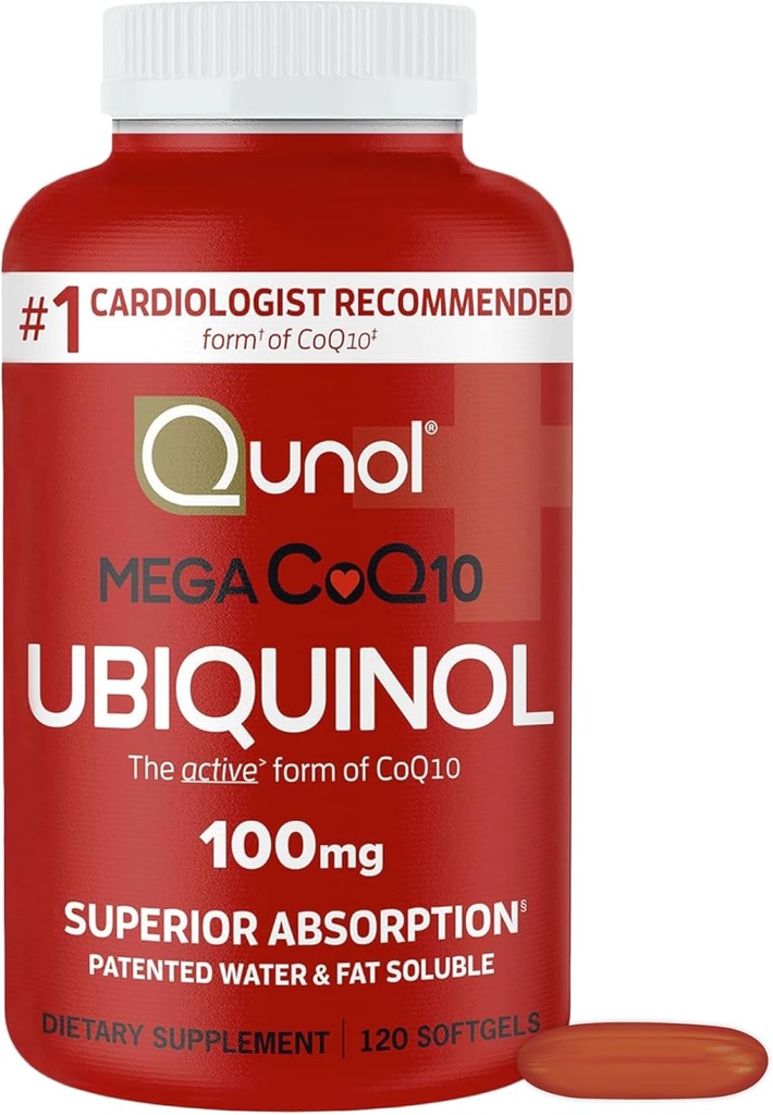 Qunol Mega Ubiquinol CoQ10 100mg, ανώτερη απορρόφηση, πατενταρισμένο νερό και λίπος Διαλυτό φυσικό συμπλήρωμα Form of Coenzyme Q10, Antioxidant for Heart Health, 120 Count (Pack of 1) Softgels