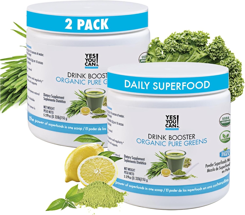 Ναι Μπορείς! Drink Booster - Βιολογικά Πράσινα Superfood Powder Drink Mix - 2 Pack με Αλφάλφα Grass, Wheatgrass, Kale, Κριθάρι Grass, Λεμονάδα σκόνη - πλούσια σε Αντιοξειδωτικά, Βιταμίνες και Ορυκτά.