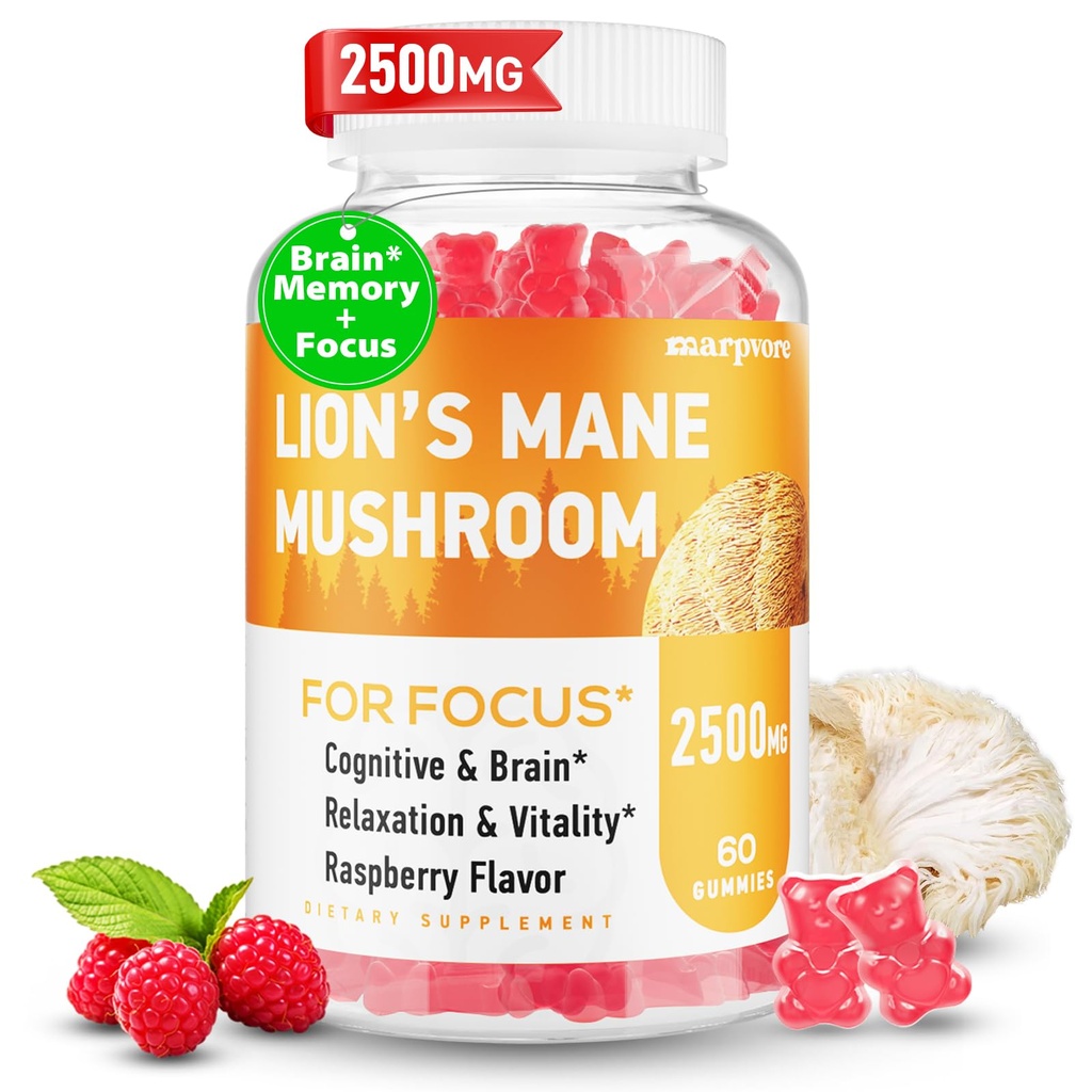 Lions Mane Gummies, Organic Lion's Mane, Lions Mane Gummies for Adults, with Ashwagandha & Alpha GPC, Cortisol Συμπληρώματα για Γυναίκες & Άνδρες, 60 Counts
