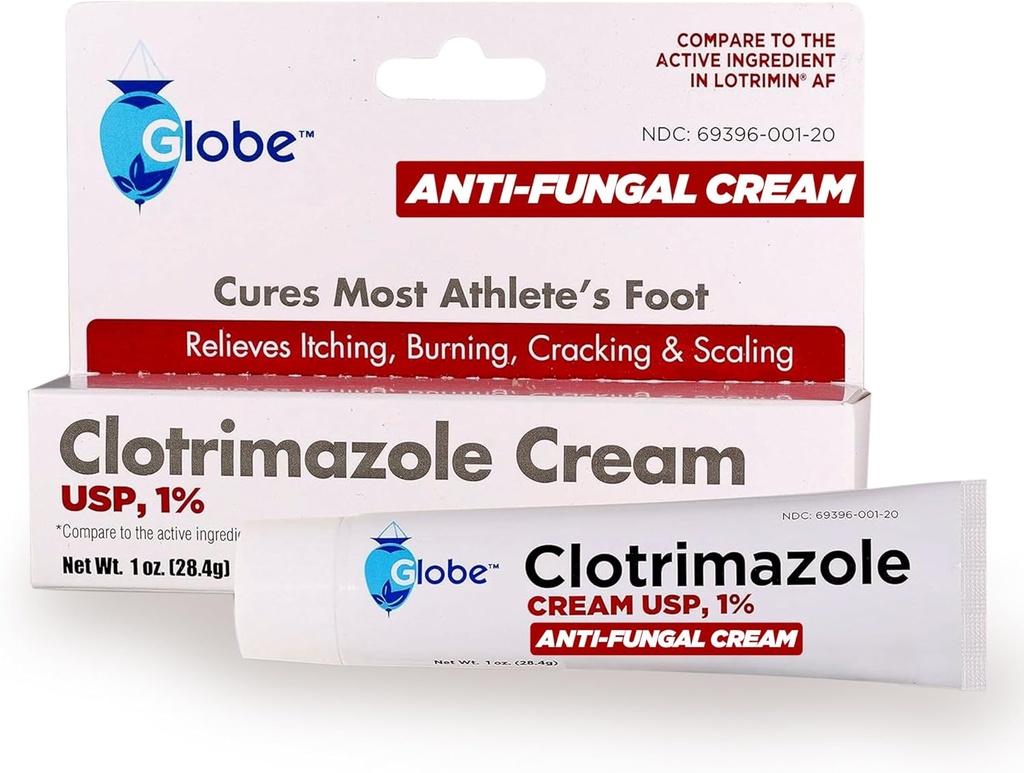 Globe Clotrimazole Αντιμυκητιασική Κρέμα 1% USP (1 oz), Αντιμυκητιασική Θεραπεία, Ανακουφίζει φαγούρα, καύση, ρωγμή και κλιμάκωση Associated Athletes Foot, Jock Itch, Ringworm και More