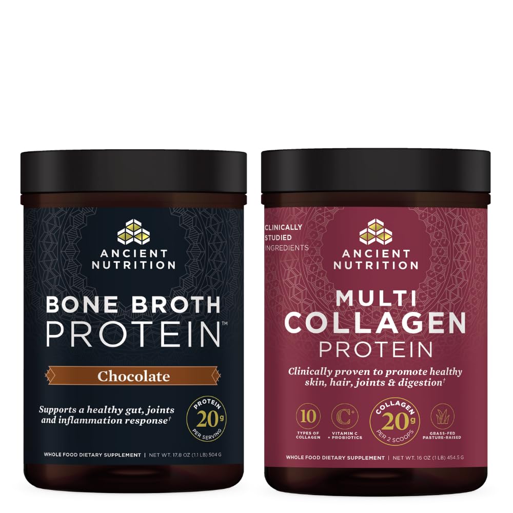 Αρχαία διατροφή Multi Collagen Protein Powder, Άγευστη, 45 σέρβις + Bone Broth Protein Powder, Σοκολάτα, 20 σέρβις