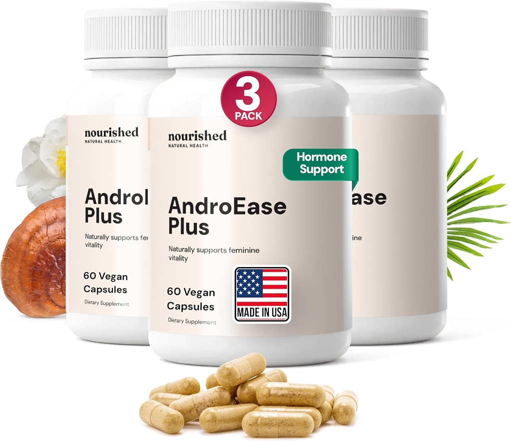 Nourished AndroEase Plus - Φυσικό συμπλήρωμα ισορροπίας για γυναίκες - Vegan Formula με ψευδάργυρο & πριονισμένο Palmetto - 180 κάψουλες για καθημερινή ευεξία & ζωτικότητα - Made in USA