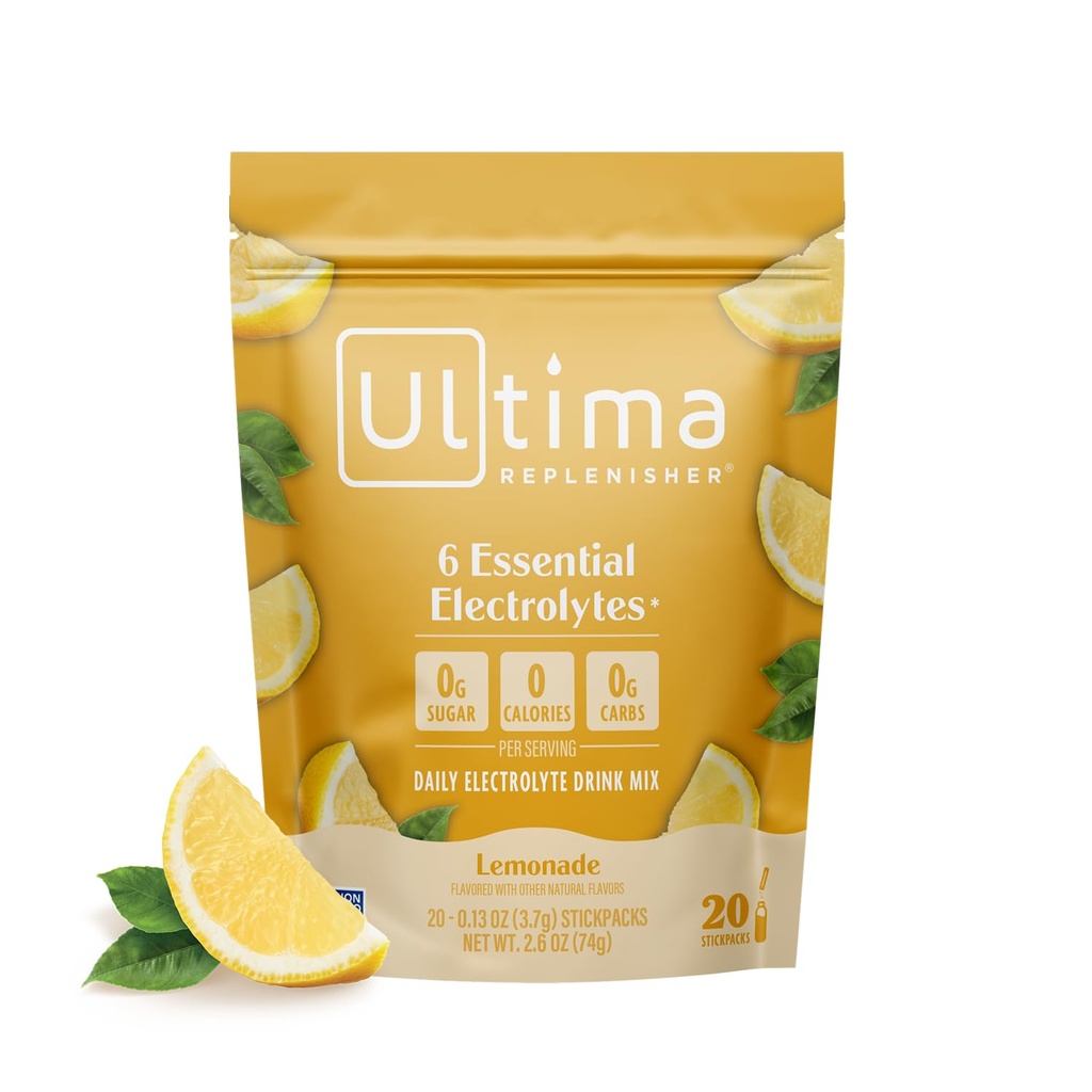 Ultima Repleniser Daily Electrolyte Powder Drink Mix – Χωρίς ζάχαρη – Λεμονάδα, 20 Stickpacks – Συσκευασίες ενυδάτωσης με 6 Ηλεκτρόλυτα Κλειδιού και Ιχνηλάτηση Ορυκτών – Κέτο Φιλικό, Vegan, Μη ΓΤΟ