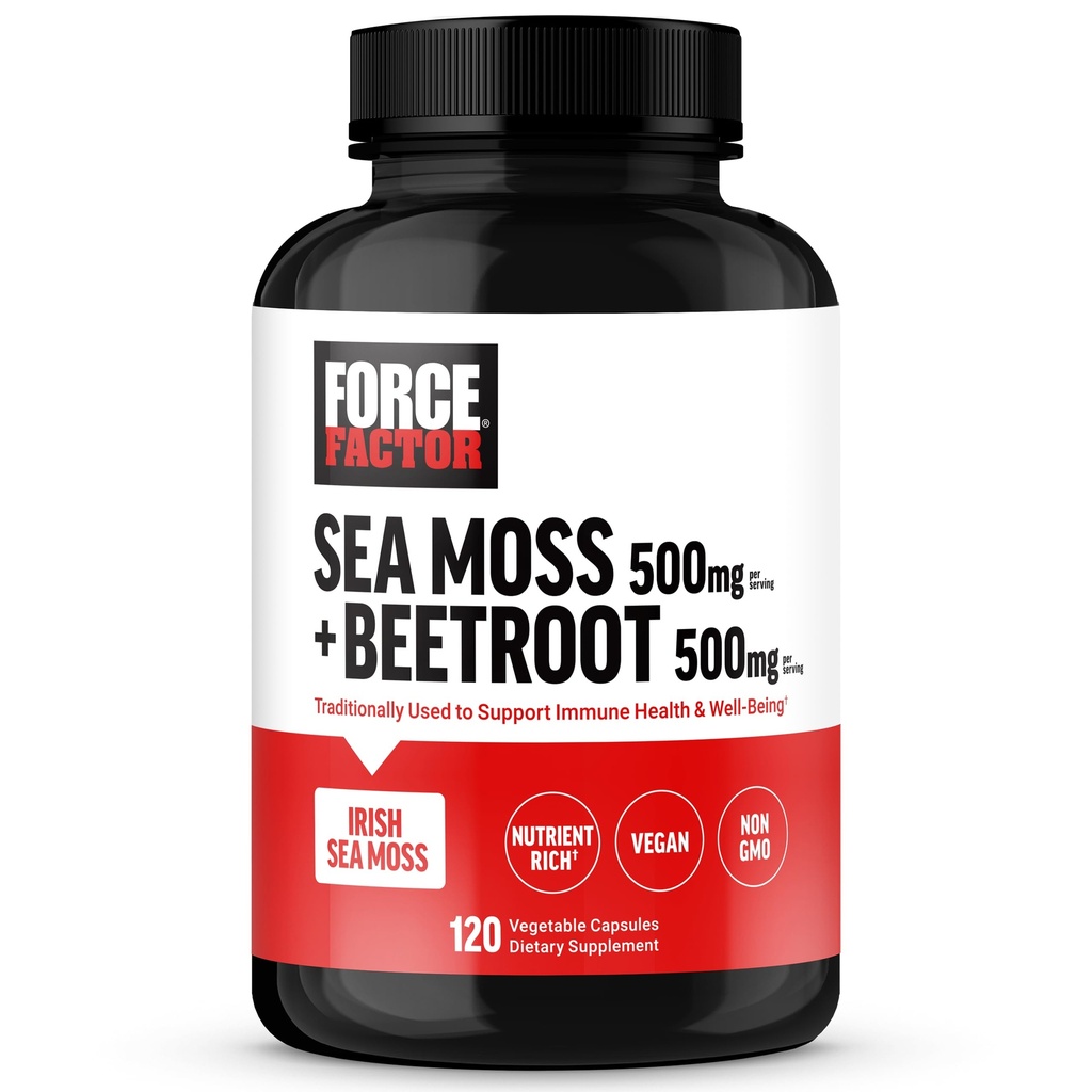 FORCE FACTOR Irish Sea Moss + Beet Root Supplement to Support Immunity, Circulation, Natural Energy, Heart Health, with Antioxidants, Non-GMO, Vegan-Friendly, Soy-Free, 120 κάψουλες λαχανικών