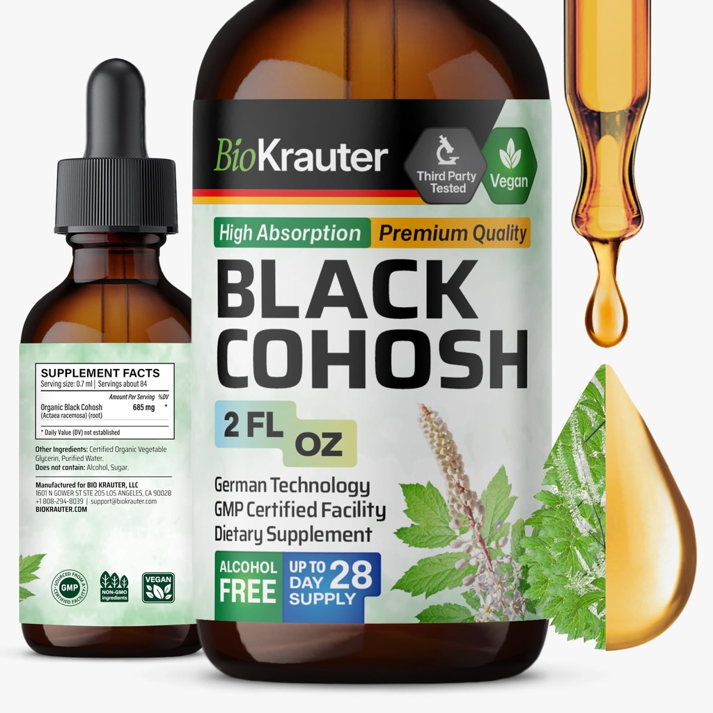 BIO KRAUTER Μαύρο Cohosh Root Βάμμα - Vegan Black Cohosh Συμπληρώματα Γυναικεία Υποστήριξη - Αλκοόλ και Ζάχαρη Δωρεάν - 2 Fl.Oz.