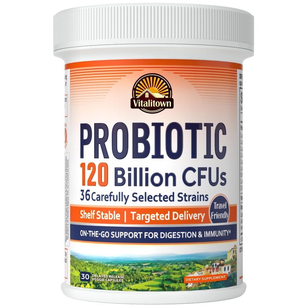 Vitalitown Probiotics 120 Billion CFUs, 36 Strains, Prebiotics, Digestive Enzymes for Men Women, Καθυστερημένη απελευθέρωση, ράφι σταθερό, On The Go Digestive Support, 30 Veg Caps