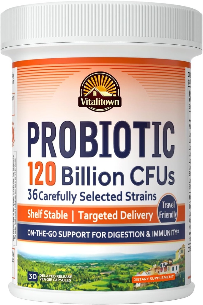 Vitalitown Probiotics 120 Billion CFUs, 36 Strains, Prebiotics, Digestive Enzymes for Men Women, Καθυστερημένη απελευθέρωση, ράφι σταθερό, On The Go Digestive Support, 30 Veg Caps