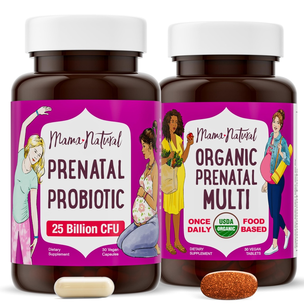Mama Natural Prenatal Bundle – Organic prenatal Vitamins for Women + Purposefully Selected Probiotics for Pregnancy & Postpartum Wellness - Just 2 Pills a Day - Vegan & Non-GMO (30 Day Supply)