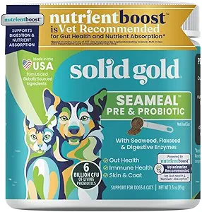Solid Gold SeaMeal Cat Probiotic & Dog Probiotics for Digestive Health - Kelp Powder Dog & Cat Multivitamin Supplement w/Prebiotics & Digestive Enzymes for Skin, Coat, & Gut + Immune Support - 3.5oz