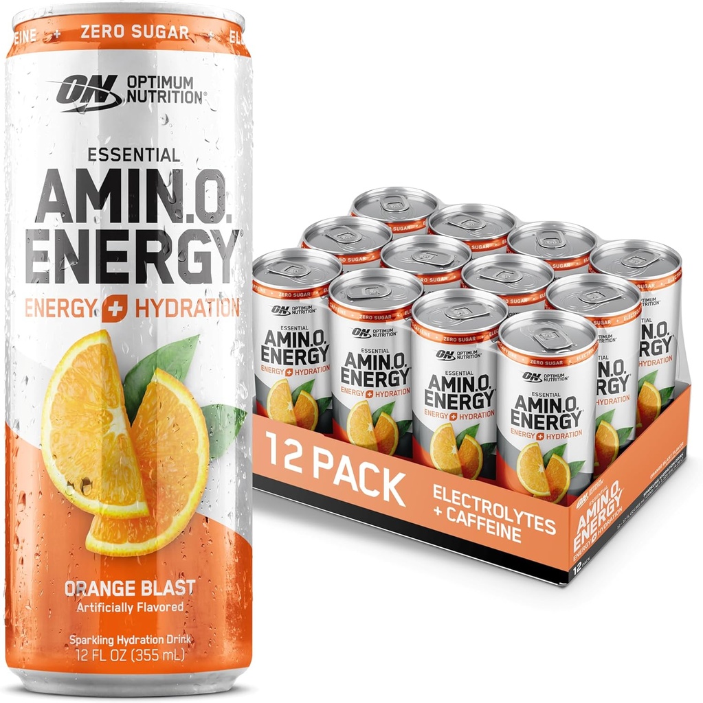 Optimum Nutrition Amino Energy Sparkling Hydration Drink, Electrolytes, Caffeine, Amino Acids, BCAAs, Sugar Free, Orange Blast, 12 Fl Oz, 12 Pack (Packaging May Vary)