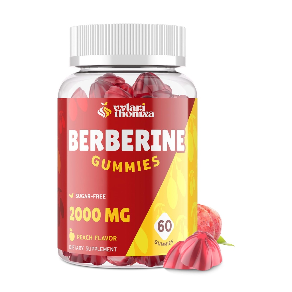 2000mg βερβερίνη συμπλήρωμα Gummies - Υψηλής ισχύος βερβερίνη με Ceylon Κανέλα Κάντυ, Κουρκουμάς, Μαγνήσιο, Χρώμιο - Χωρίς ζάχαρη, Vegan, χωρίς γλουτένη - Ροδάκινο Γεύση 60 Gummies - 1 συσκευασία