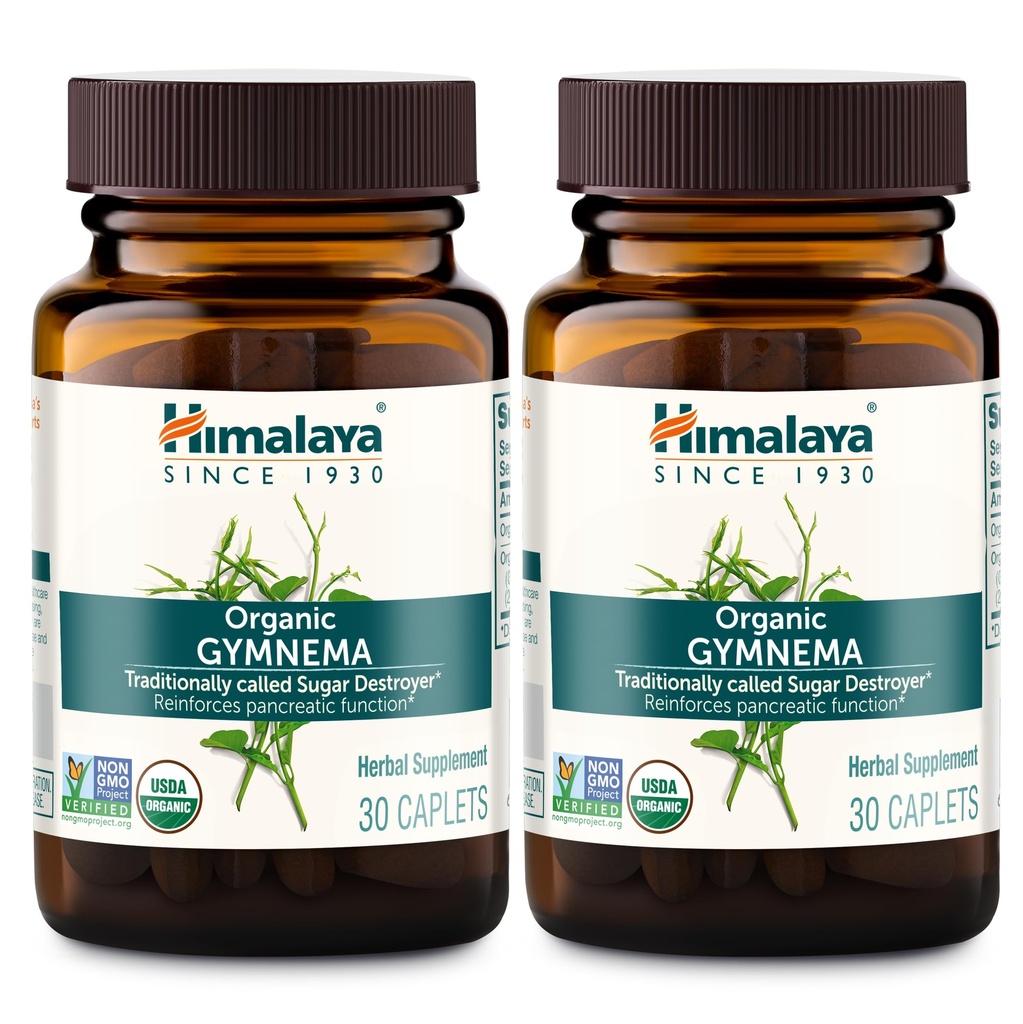 Himalaya Organic Gymnema Sylvestre – Υποστήριξη Μεταβολισμού Φυτικών Γλυκόζης - USDA Organic, Non-GMO, Vegan, Χωρίς Γλουτένη, Χωρίς Πρόσθετα, 700 mg, 30 Caplets (Pack of 2)