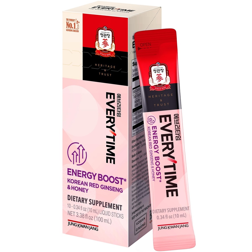 JUNG KWAN JANG Everytime Energy Boost Korean Red Ginseng Extract 1.000mg & Honey - Vegan Ginseng Energy Drink Liquid Stick Συμπληρώματα - Κατασκευάζει Stamina & Immunity No Caffeine (10 Sticks, 0.34 fl oz)