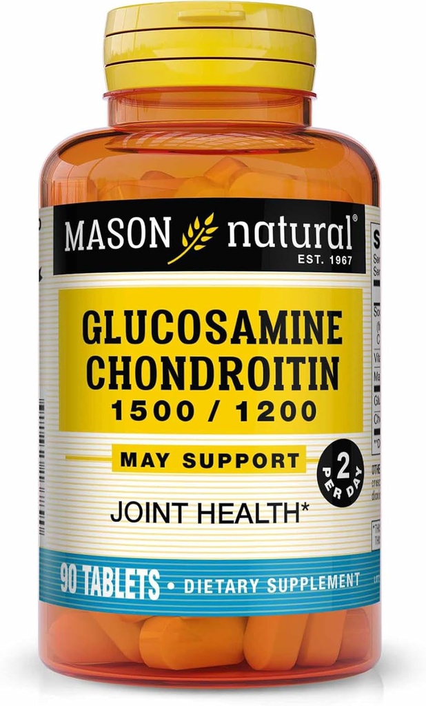 MASON NATURAL Glucosamine Chondroitin 1500/1200 2 ανά ημέρα με βιταμίνη C - Υποστηρίζει κοινή υγεία, βελτιωμένη ευελιξία και κινητικότητα*, 90 κάψουλες