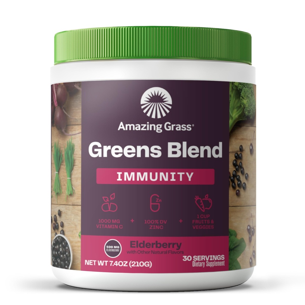 Amazing Grass Greens Blend Superfood Immunity, Super Greens Powder Smoothie Mix for Immune Support, Spirulina, Chlorella, Beet Root, Probiotics, Elderberry, 30 Servings, 7.4 Ounce (Packaging May Vary)