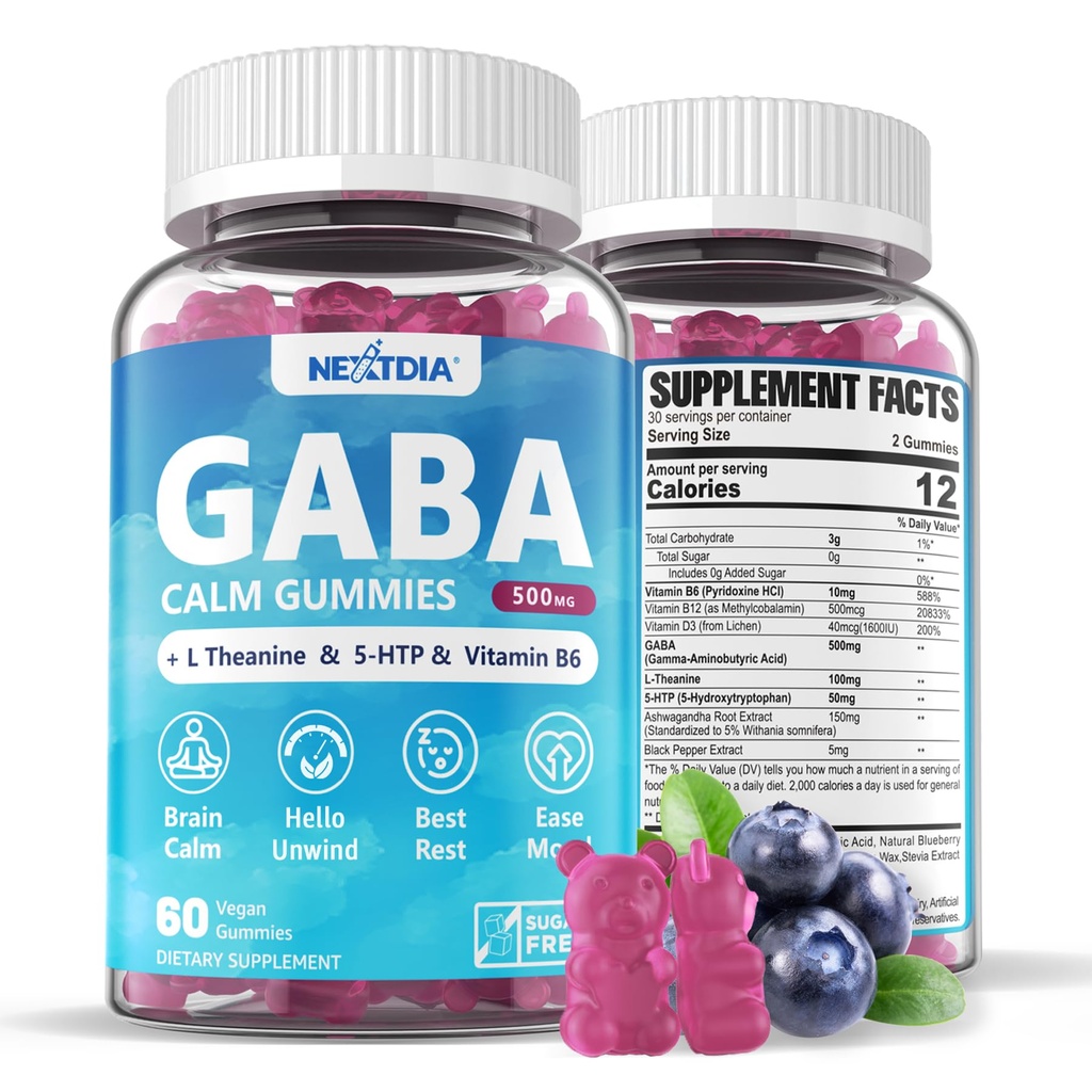 GABA Gummies 500 mg - Ζάχαρη-free Calm Gummies με L Theanine, 5-HTP, Βιταμίνες D3, B12, Ashwagandha, Μελατονίνη-Δωρεάν για Εγκεφαλική Ηρεμία, Mood, Zzz Better, GABA συμπλήρωμα για ενήλικες, Blueberry Flavor, 1Pack