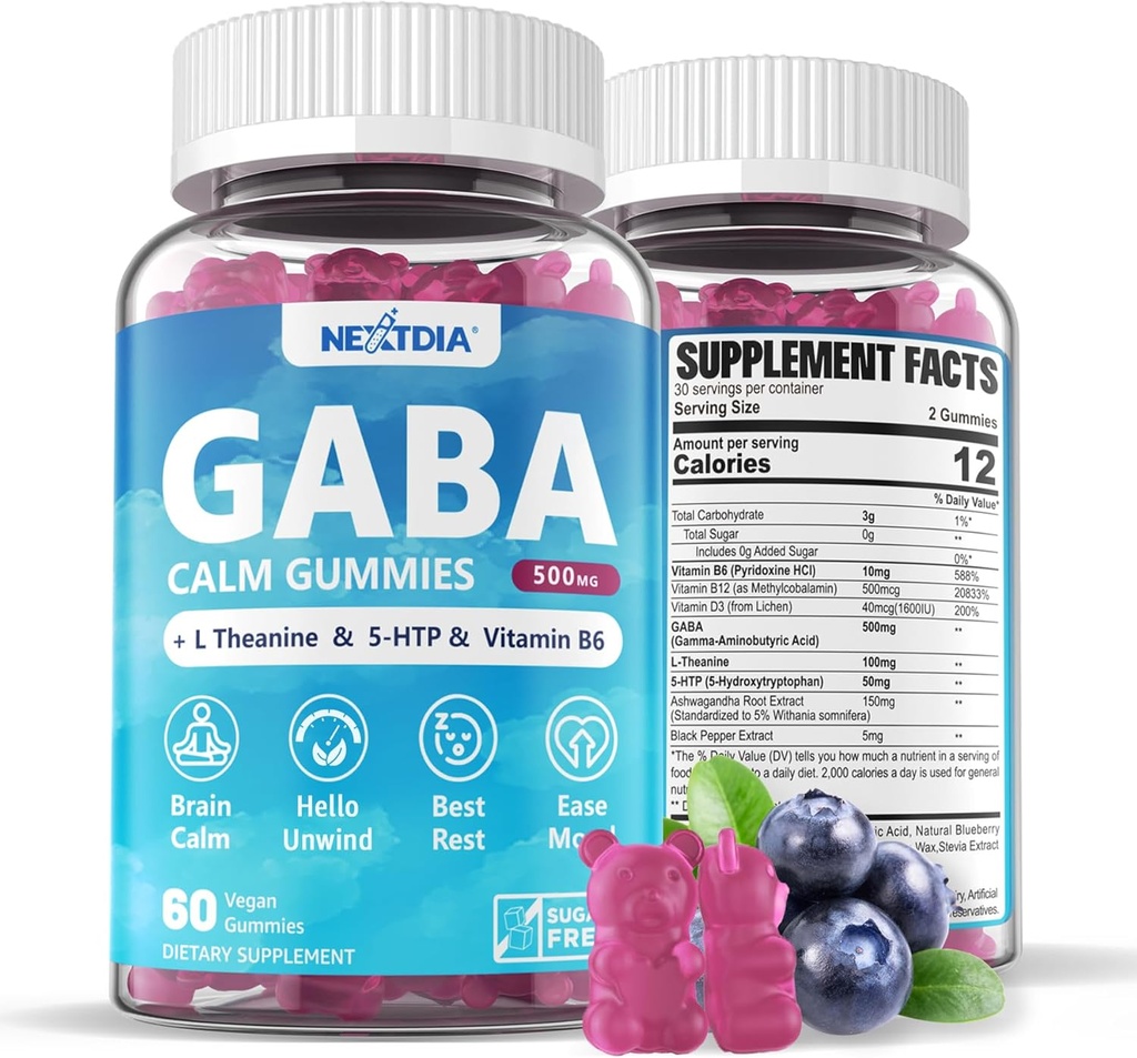 GABA Gummies 500 mg - Ζάχαρη-free Calm Gummies με L Theanine, 5-HTP, Βιταμίνες D3, B12, Ashwagandha, Μελατονίνη-Δωρεάν για Εγκεφαλική Ηρεμία, Mood, Zzz Better, GABA συμπλήρωμα για ενήλικες, Blueberry Flavor, 1Pack