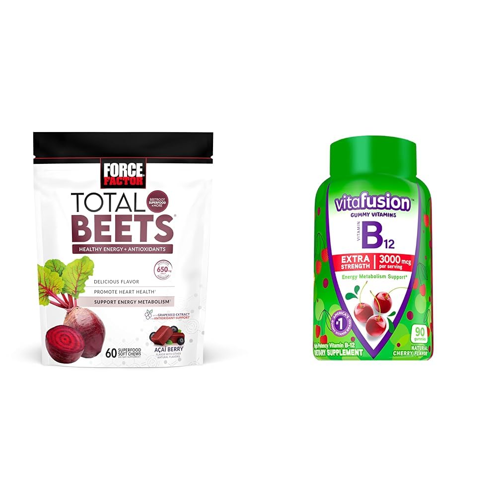 Force Factor Total Beets Chews with Beetroot & Grapeseed Extract Plus Vitafusion B12 Gummies, 90 Count Cherry Flavor