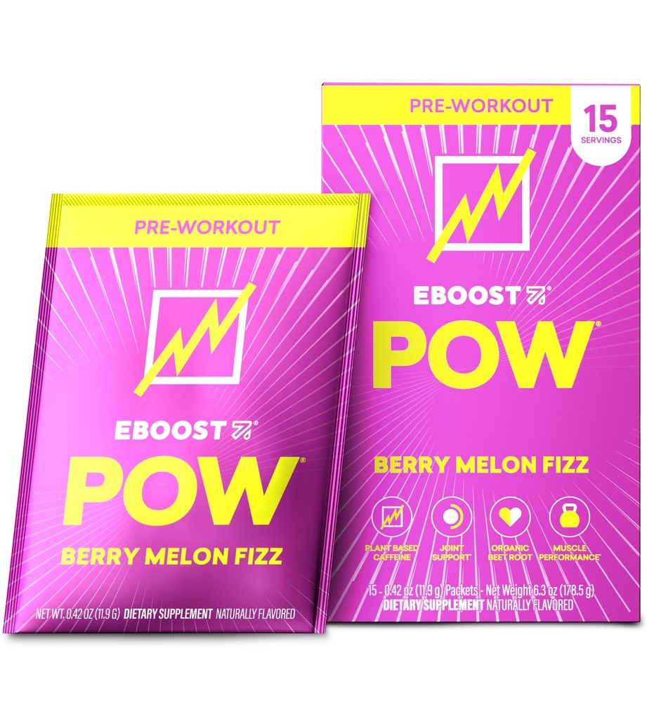 EBOOST POW Φυσική προ προπόνηση σε σκόνη - 15 πακέτα, Berry Melon Fizz - Preworkout Ενεργειακό Booster Γυμναστήριο συμπλήρωμα ποτό Mix για άνδρες και γυναίκες - Απόδοση, Κοινή Υποστήριξη Κινητικότητας - Χωρίς γλουτένη