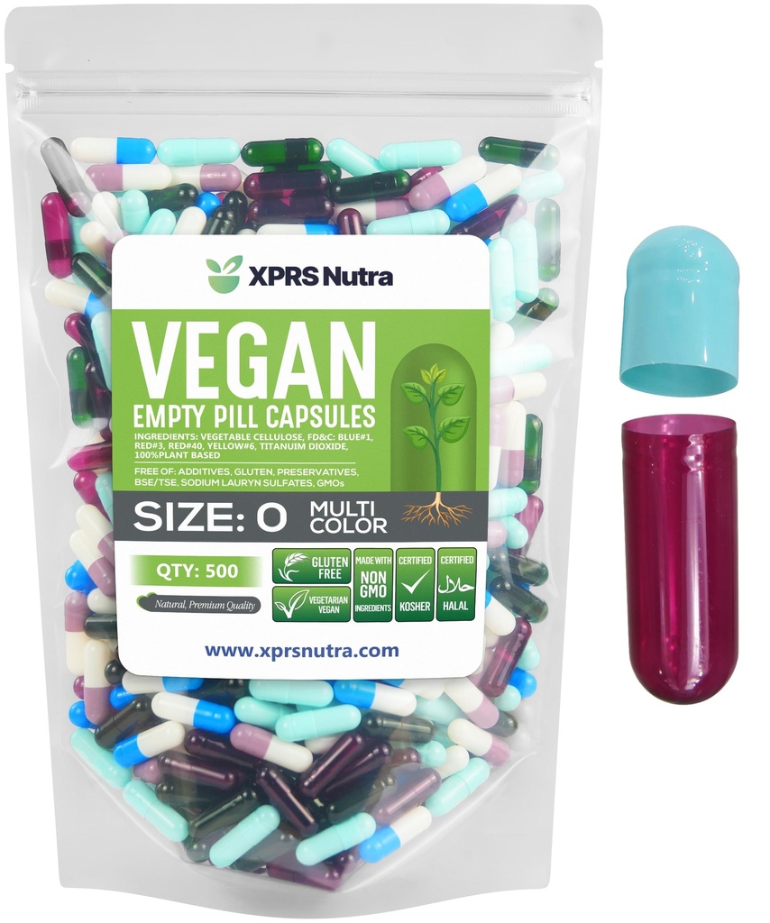 XPRS Nutra Size 0 Κενές κάψουλες - 100 Count Empty Vegan Κάψουλες - Χορτοφαγικά Χάπια - DIY Καψάκιο Φυτικών Γέμισμα- Χάπια Veggie για Do-It-Yourself Συμπληρώματα (Multi Color)