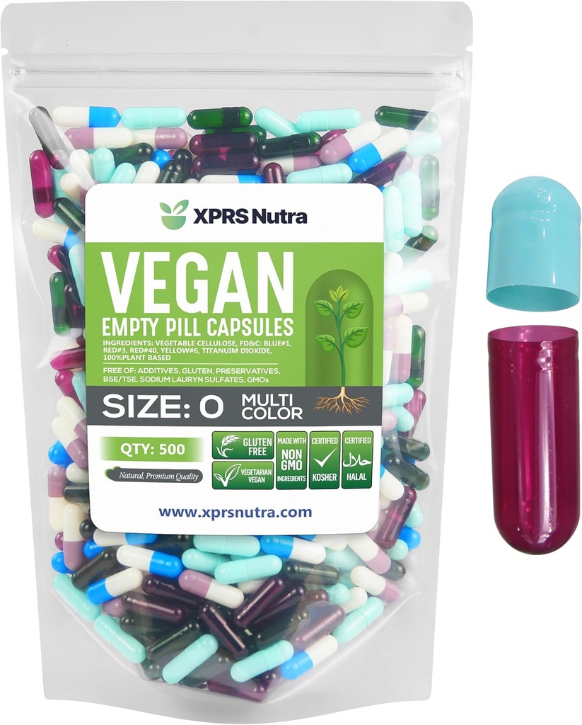 XPRS Nutra Size 0 Κενές κάψουλες - 100 Count Empty Vegan Κάψουλες - Χορτοφαγικά Χάπια - DIY Καψάκιο Φυτικών Γέμισμα- Χάπια Veggie για Do-It-Yourself Συμπληρώματα (Multi Color)