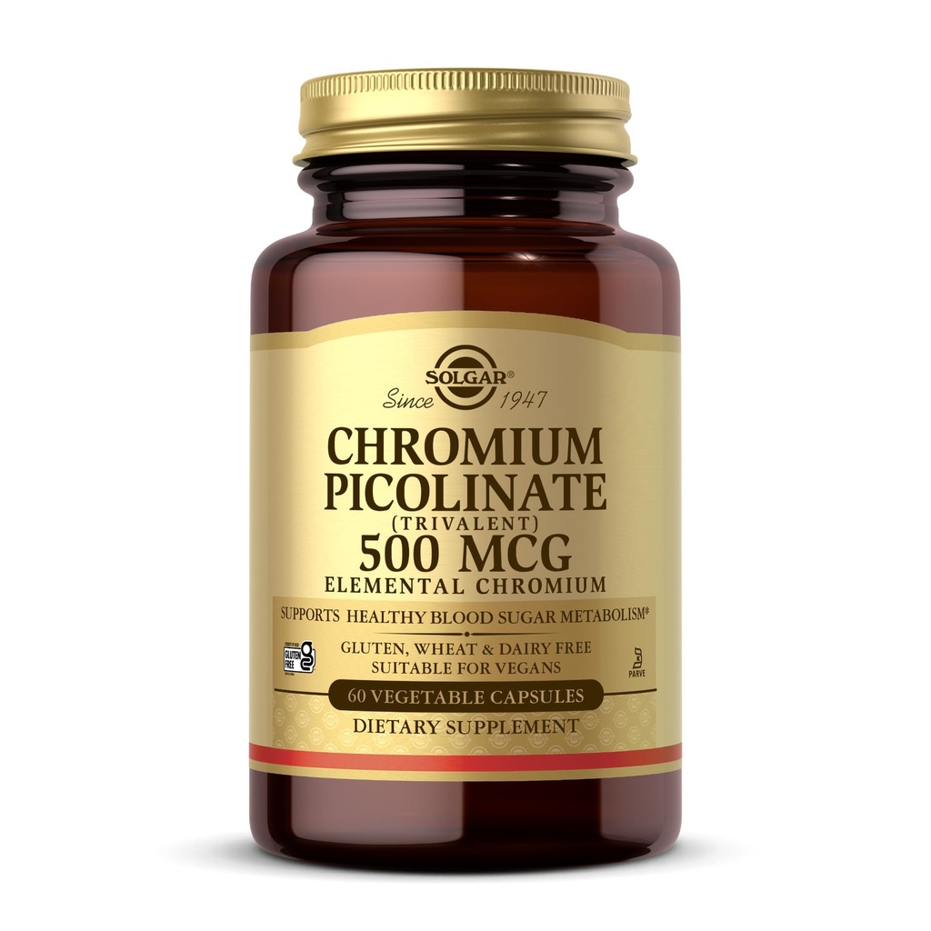 Solgar Chromium Picolinate 500 mcg - 60 κάψουλες λαχανικών - Υποστηρίζει τη ζάχαρη, το λίπος και τις πρωτεΐνες Μεταβολισμός - Μη ΓΤΟ, Χωρίς γλουτένη, Kosher - 30 Σερβίρει