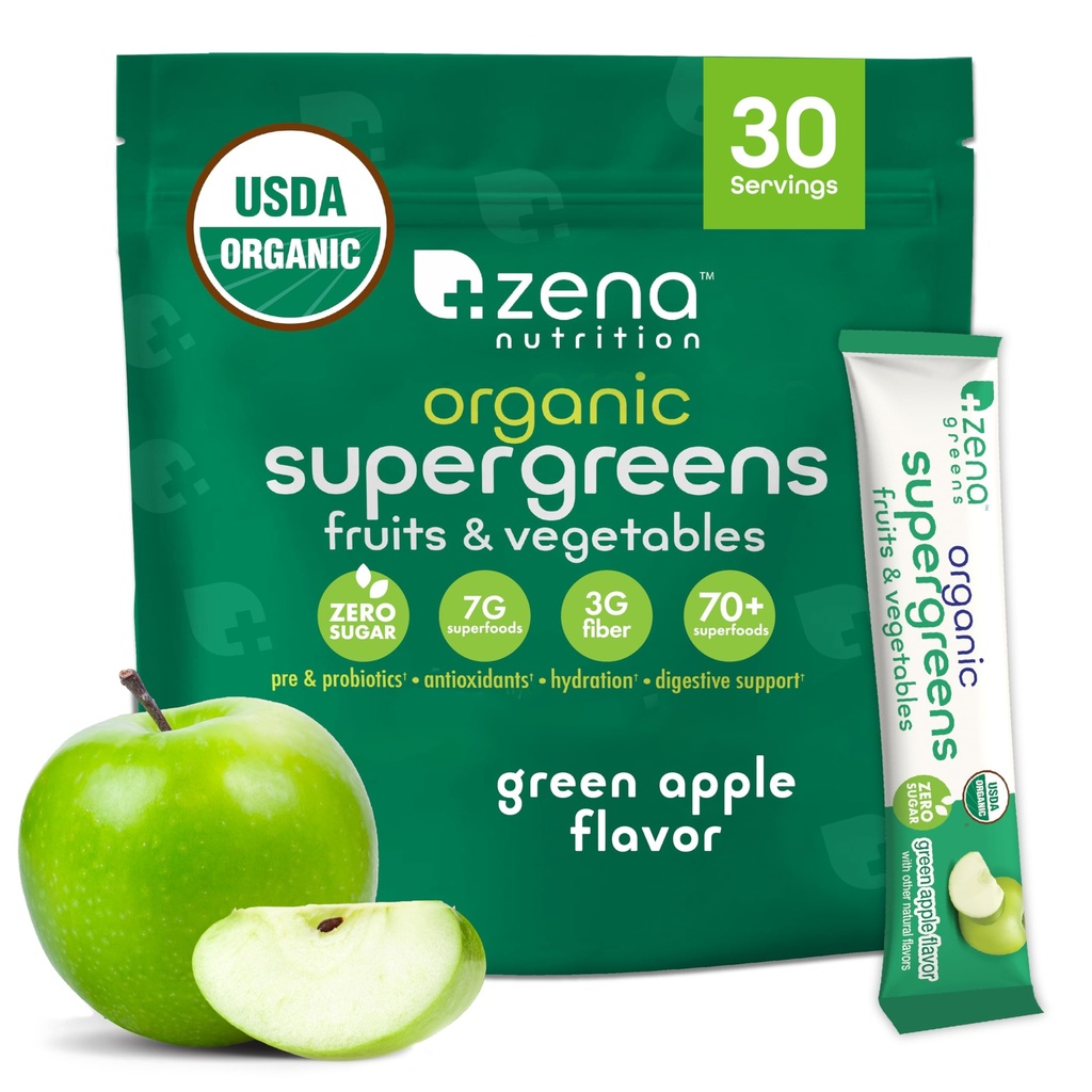 Zena Nutrition Organic Super Greens Powder, 70+ Superfoods, 0 Ζάχαρη, 3G Fiber, Spirulina, Chlorella, Αντιοξειδωτικά, Πρεβιοτικά/Προβιοτικά, Digestive Enzymes, Green Apple, 30 Ποτό Mix Packets