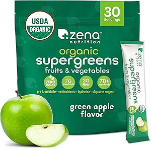 Zena Nutrition Organic Super Greens Powder, 70+ Superfoods, 0 Ζάχαρη, 3G Fiber, Spirulina, Chlorella, Αντιοξειδωτικά, Πρεβιοτικά/Προβιοτικά, Digestive Enzymes, Green Apple, 30 Ποτό Mix Packets
