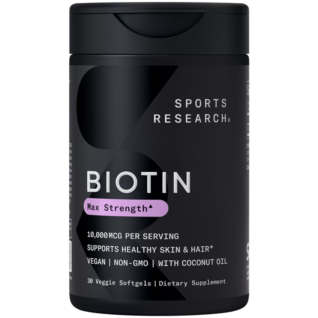 Sports Research® Biotin 10.000mcg με Βιολογικό Έλαιο Καρύδας - Βιοτίνη (Βιταμίνη Β7) για Υγιή Δερμάτινο και Μαλλιά* - για Γυναίκες και Άνδρες - Vegan, Μη Γλουτένη & Χωρίς Σόγια - 30 Veggie Softgels